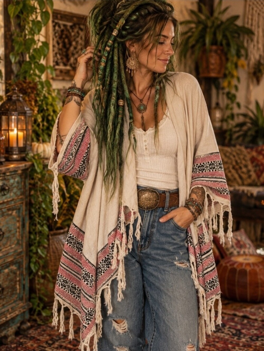 4/$15 Forever 21 Boho Fringe Kimono Cardigan Cream Red Black Cotton Festival
